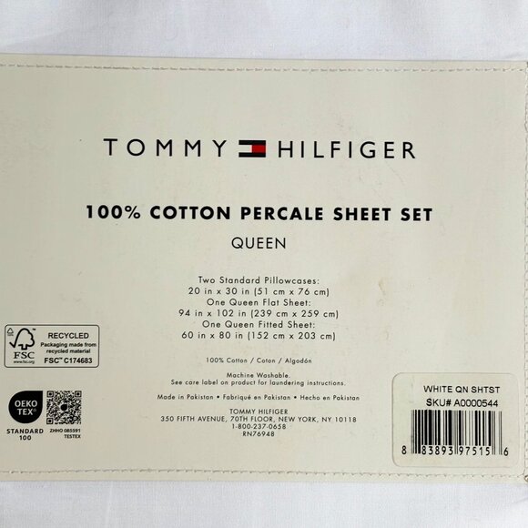Tommy Hilfiger Queen Size 100% Cool Crisp Cotton Percale Sheet Set BRIGHT WHITE - Picture 2 of 4
